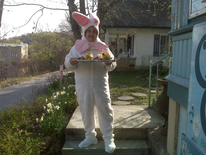 Sandra as Cliff Cottage Inn's Easter Bunny delivering one of her world famous breakfasts
